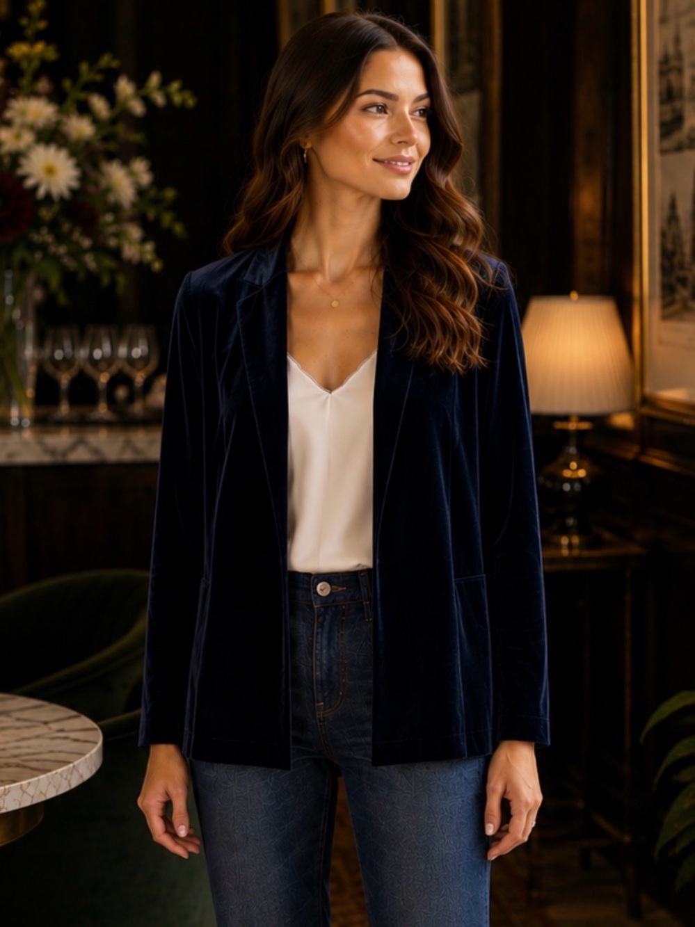 Olive + Oak Navy Blue Velvet Blazer Jacket XS